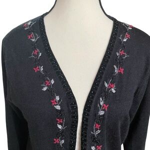 Woman's Sz. M Erika Black and Red Open Cardigan with Beads &‎ Floral Embroidery